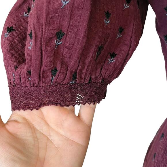 LOVESHACKFANCY Lena Dress Short Puff Sleeves Burgundy Floral Bow V-Neck Medium - Picture 7 of 10